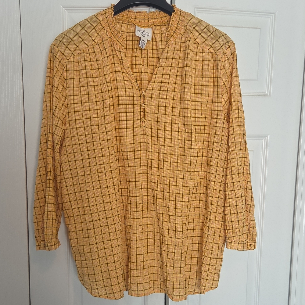 St. John's Bay Yellow Plaid Women's Peasant Shirt Festival